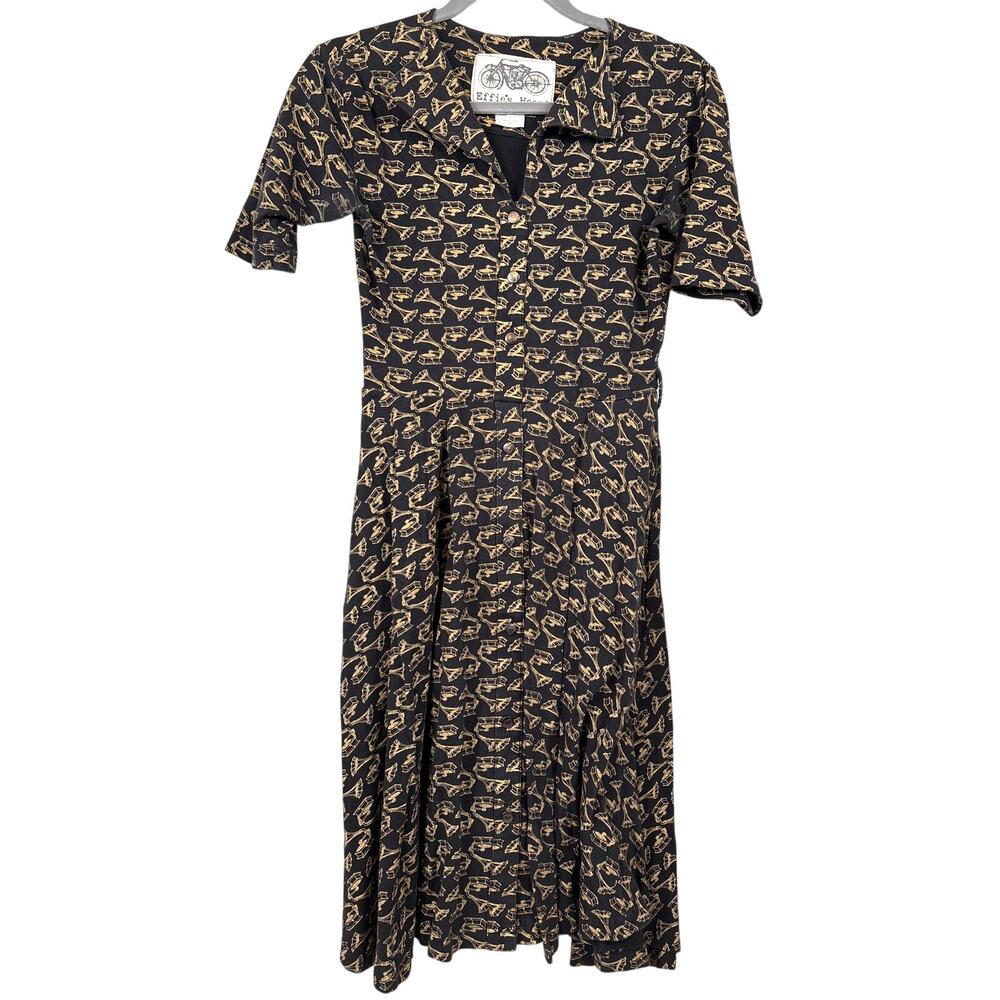 Effie's Heart Womens 6 Black Tan Record Player Button Up Short Sleeve Mini Dress